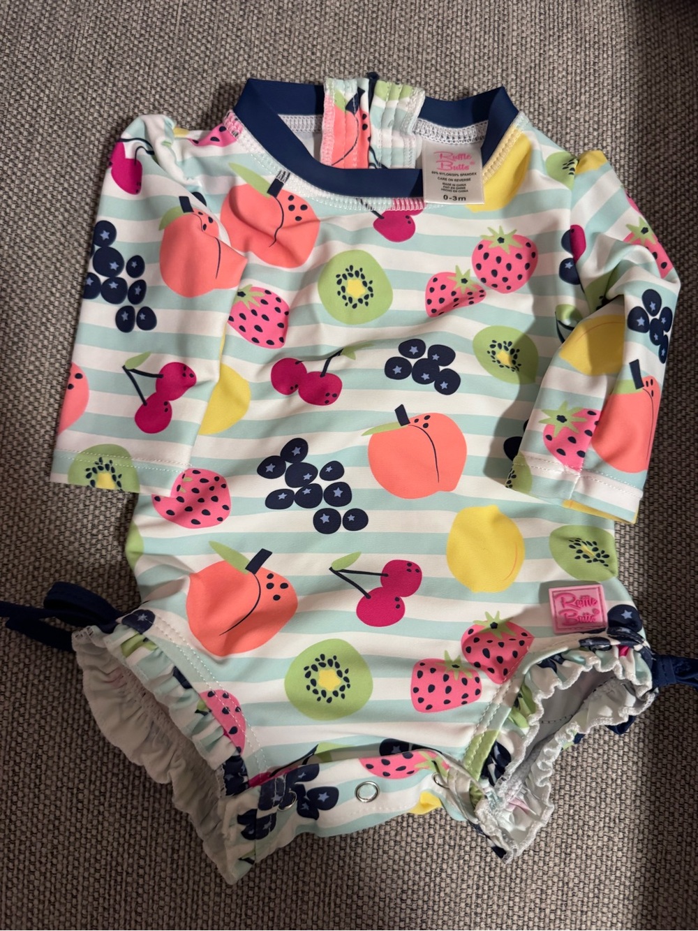 Ruffle Butts Pastel Fruit Print Long Sleeve Bathing Suit - Navy Trim